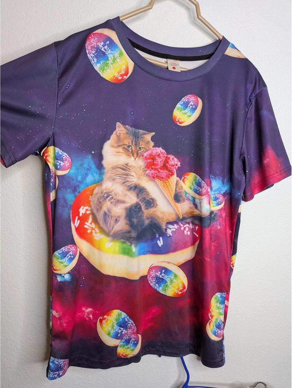 Funny Galaxy Cat Donut Ice Cream Graphic T-Shirt Purple Size Large